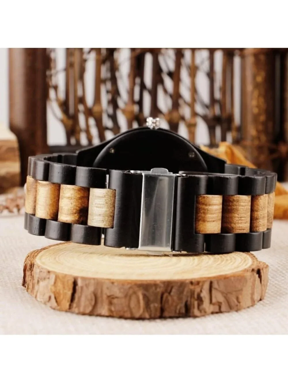Men's Black&Brown 100% Manual Retro Wrist Analog Quartz Handmade Wooden Watch